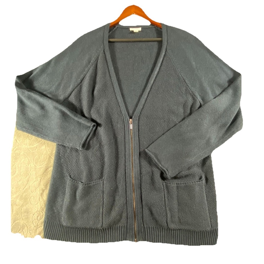 J Jill Sweater Cardigan V Neck Soft Waffle‎ Knit Zip Front Pockets Blue Timeless